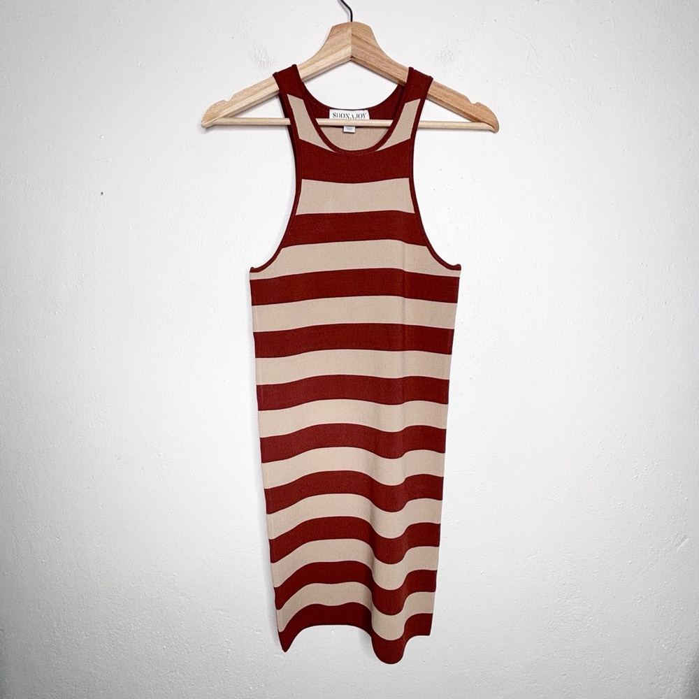 Shona Joy Bold Striped Razorback Mini Dress Tan Rusty Brown Size M NWOT